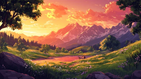 Sunset light bathes alpine meadow lake with grazing deer