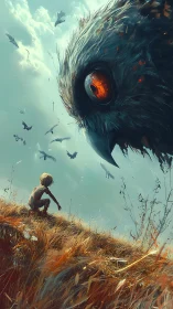 Giant hawk confronts lone child on windswept hillside.