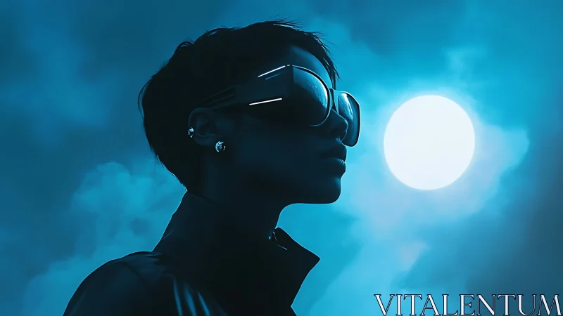 Futuristic profile portrait with visor glasses under blue moon.