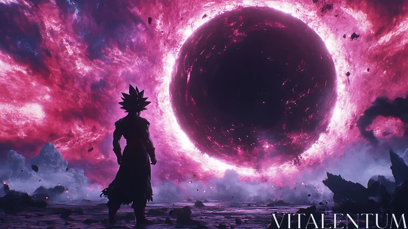 Warrior confronts colossal cosmic void in burning nebula sky