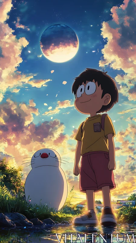Boy and white creature under glowing twilight planet sky.