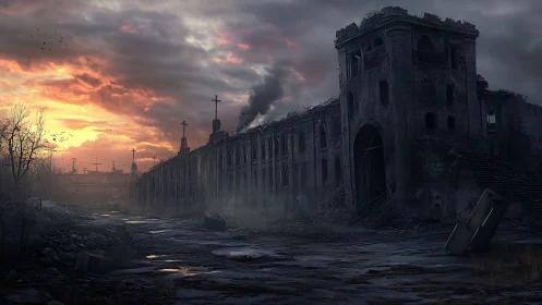 Lonely ruined fortress under a moody, glowing sunset sky.