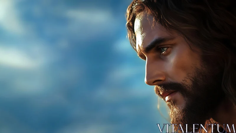 Profile of contemplative man against glowing sky backdrop.