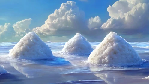 Gentle salt mounds resting beneath a wide blue summer sky.