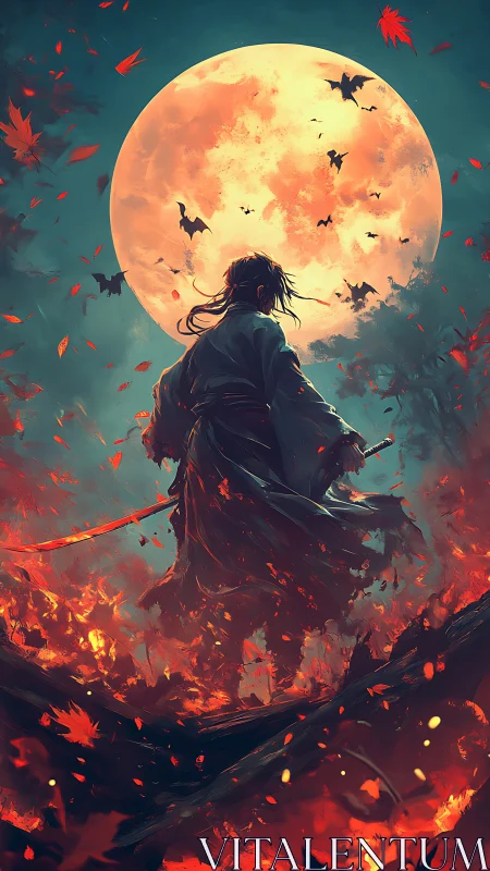 Samurai Silhouette Before Blood Moon in Infernal Forest Scene.
