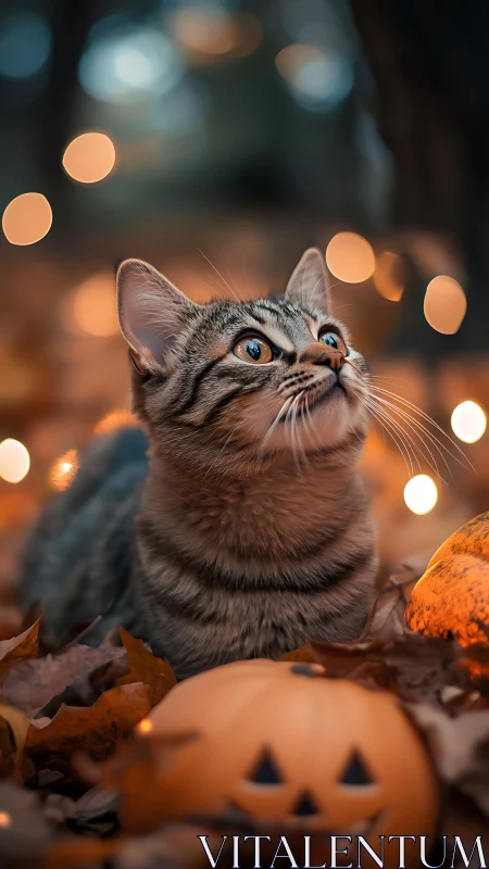 Tabby Cat Looking Upward Among Autumn Leaves and Pumpkins