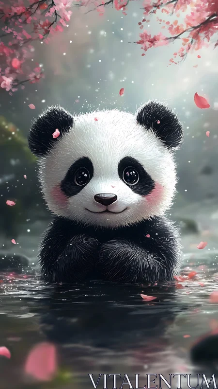 Gentle panda daydream under soft drifting cherry petals.