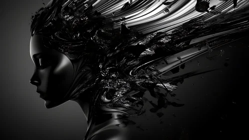 Liquid obsidian muse dissolving into streaming shadowlight.