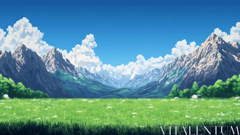 Luminous alpine valley framed by rugged peaks and vivid clouds.