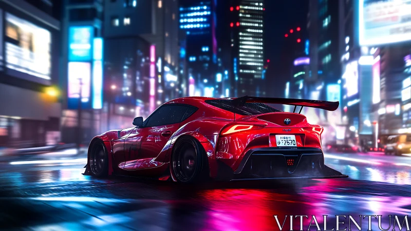 Midnight red sports car glows along a neon city street