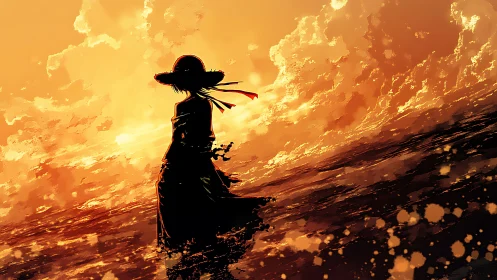 Backlit silhouette of lone figure against high-contrast orange seascape