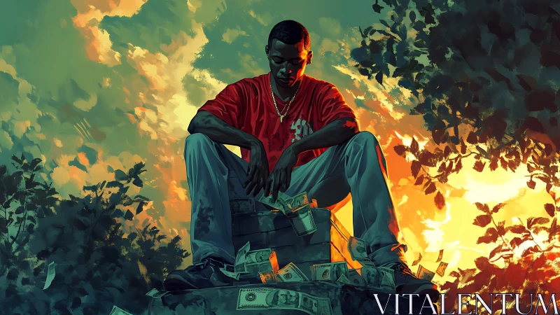 Brooding street king on cash throne amid blazing sunset sky.