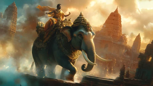 Sunlit war-elephant thunders through myth-drenched temple smoke