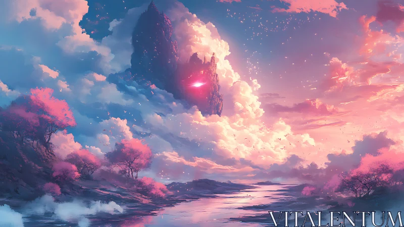 Floating dusk citadel glowing within cotton-candy clouds.