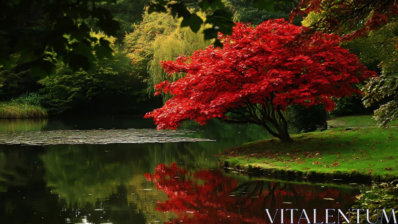 Vivid Red Maple by Tranquil Lake in Lush Green Garden Setting.