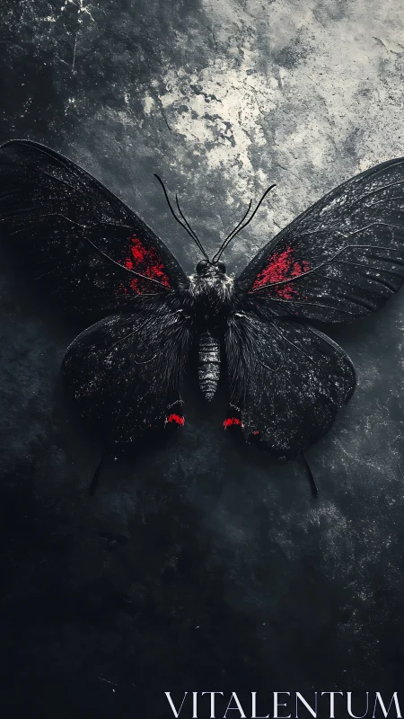 Black moth spreads red-marked wings on stone ground.