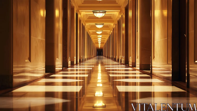 Golden symmetry corridor where light sketches endless time.