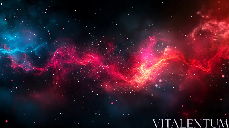 Nebular ribbon of red and cyan across deep space field.