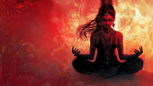 Seated female figure in meditative pose against ornate backdrop