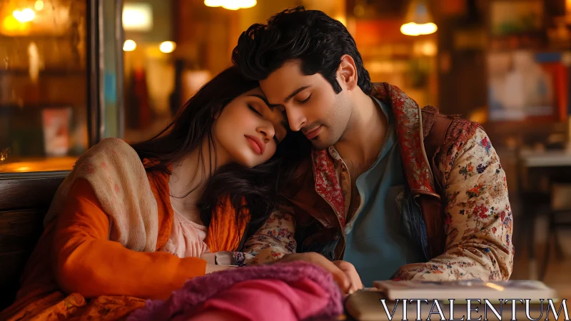 Intimate Evening: Couple Shares Tender Moment in Warmly Lit Urban Setting