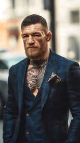 Bearded man in blue plaid suit with bold chest tattoo.