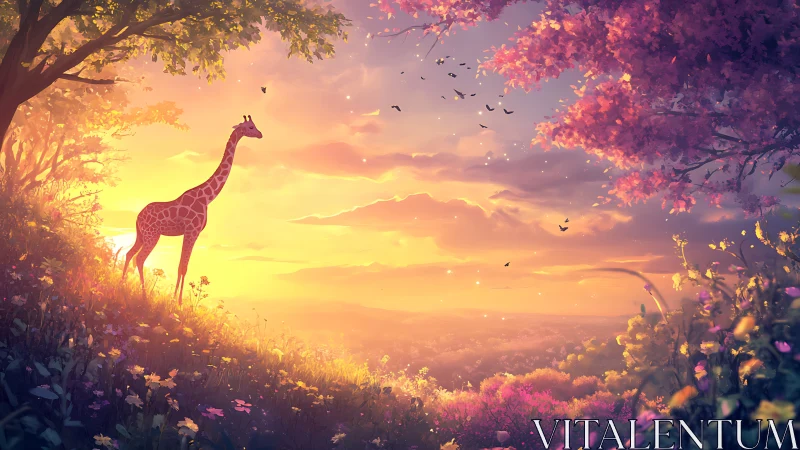 Twilight giraffe lingers where wildflowers sip molten sun