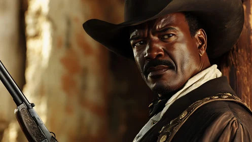 Cowboy with rifle in rustic outdoor western environment.