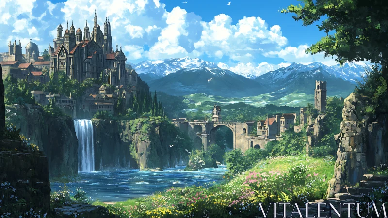 Fantasy riverside citadel with bridge and alpine backdrop.