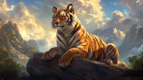 Sunlit tiger on granite outcrop in atmospheric mountain landscape