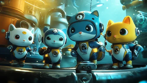 Robotic feline dive squad in pressurized aquatic lab environment.