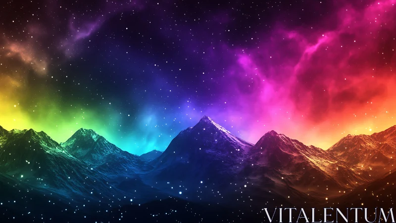 Chromatic nebula over stylized mountain ridge under starfield