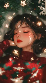 Festive portrait of sleeping girl under luminous snowflakes.