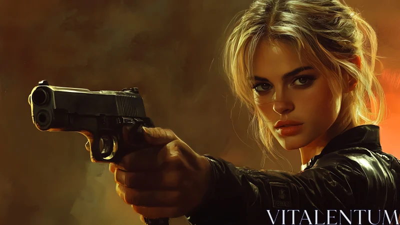 Determined heroine aims handgun in dramatic warm lighting