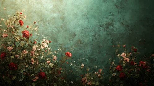 Midnight garden roses leaning into a teal dreamscape wall.