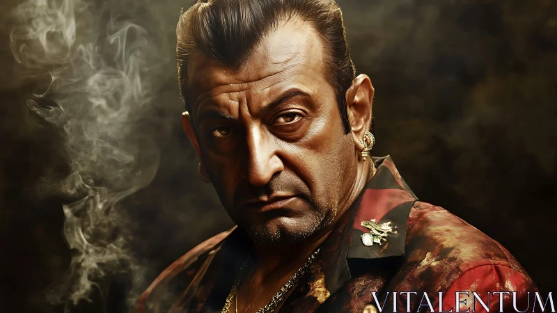 Intense older man in patterned jacket amid drifting smoke.