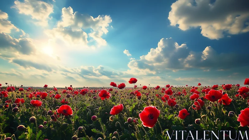 Sunlit poppy sea under roaming clouds and wild sky drama.