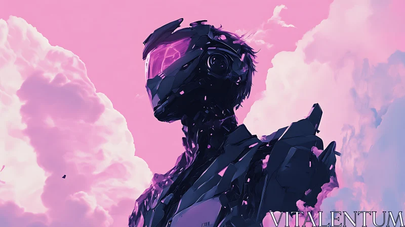Neon armored figure rises calmly within cotton candy skies