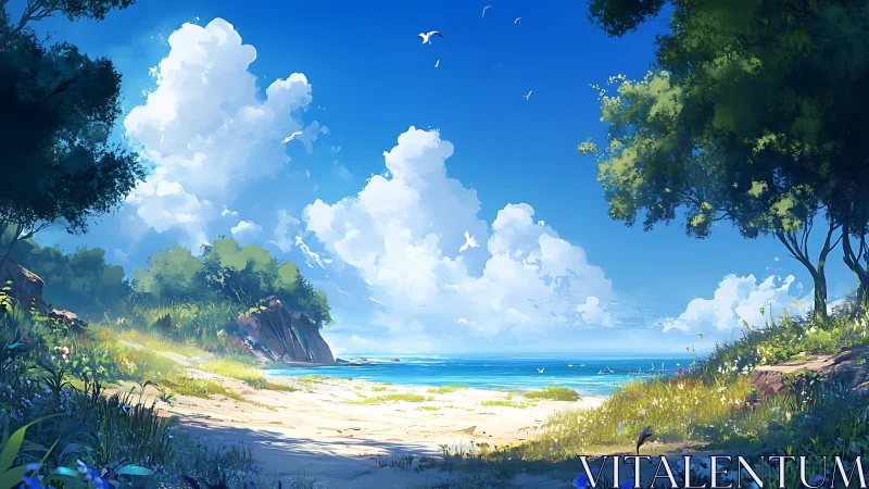 Tropical Beach Cove with Emerging Cliffs Under Cloudscape.