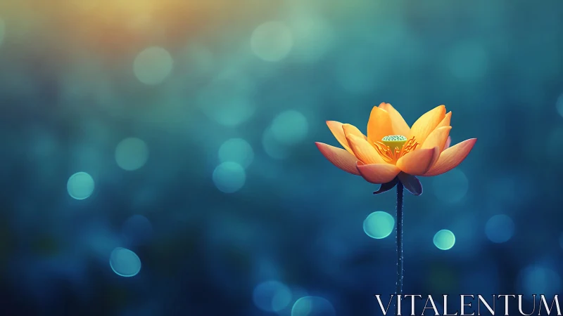 Isolated orange lotus rendered against deep bokeh cyan gradient