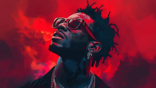 Digital portrait in neon red of reflective man with glasses.