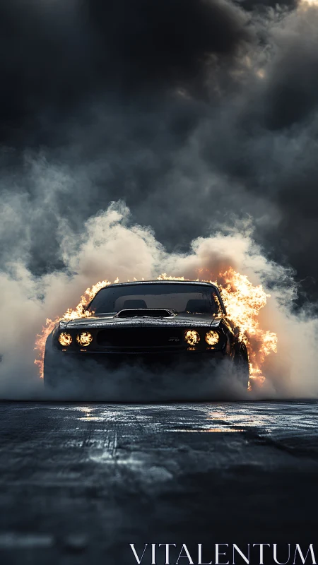 Flaming muscle car breaching smoke under storm-laden sky.
