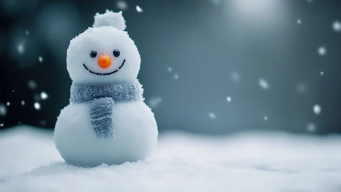 Smiling snowman stands in falling snow under soft winter sky