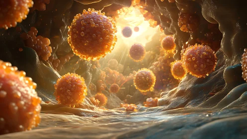 Radiant microscopic spheres drift through a glowing cell tunnel