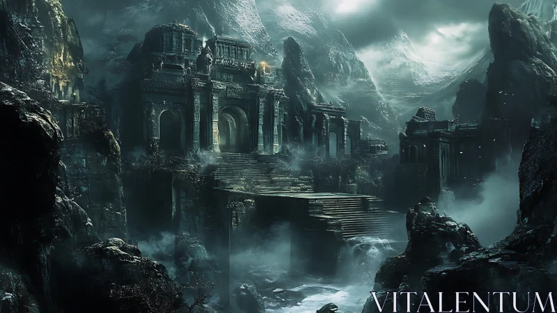 Ancient stone fortress in misty mountain ravine at dusk.