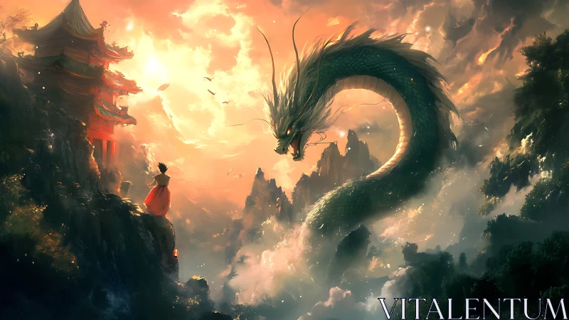 Mountain temple guardian dragon coils through burning sky