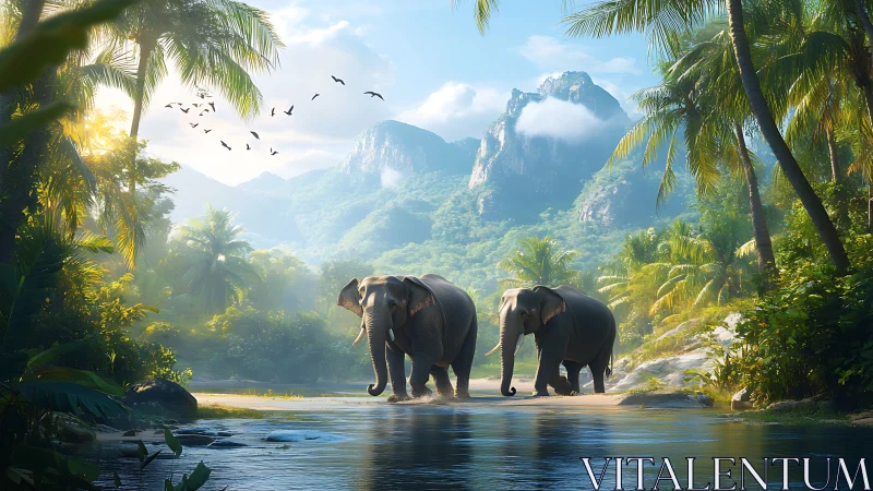 Sunlit tropical river valley with two elephants in misty depth