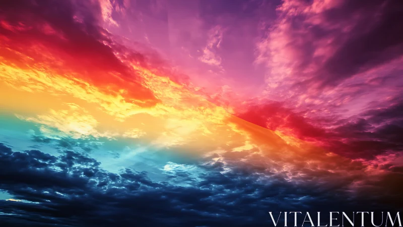 Radiant multicolored sky glows above dramatic storm clouds