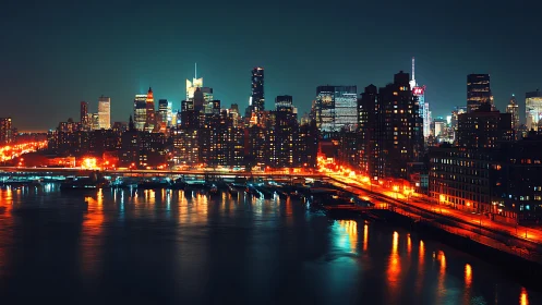 Midnight city lights dancing over calm river reflections.