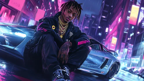 Neon city streets glow around a reflective night drive