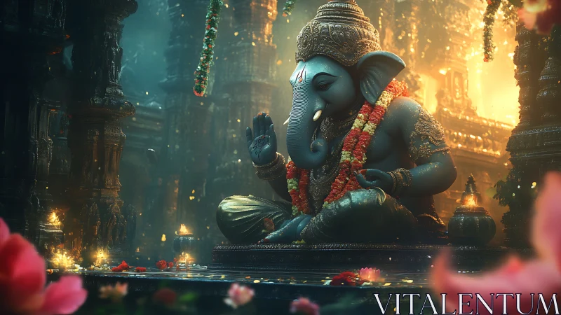 Serene Ganesha statue in ornate golden temple interior.